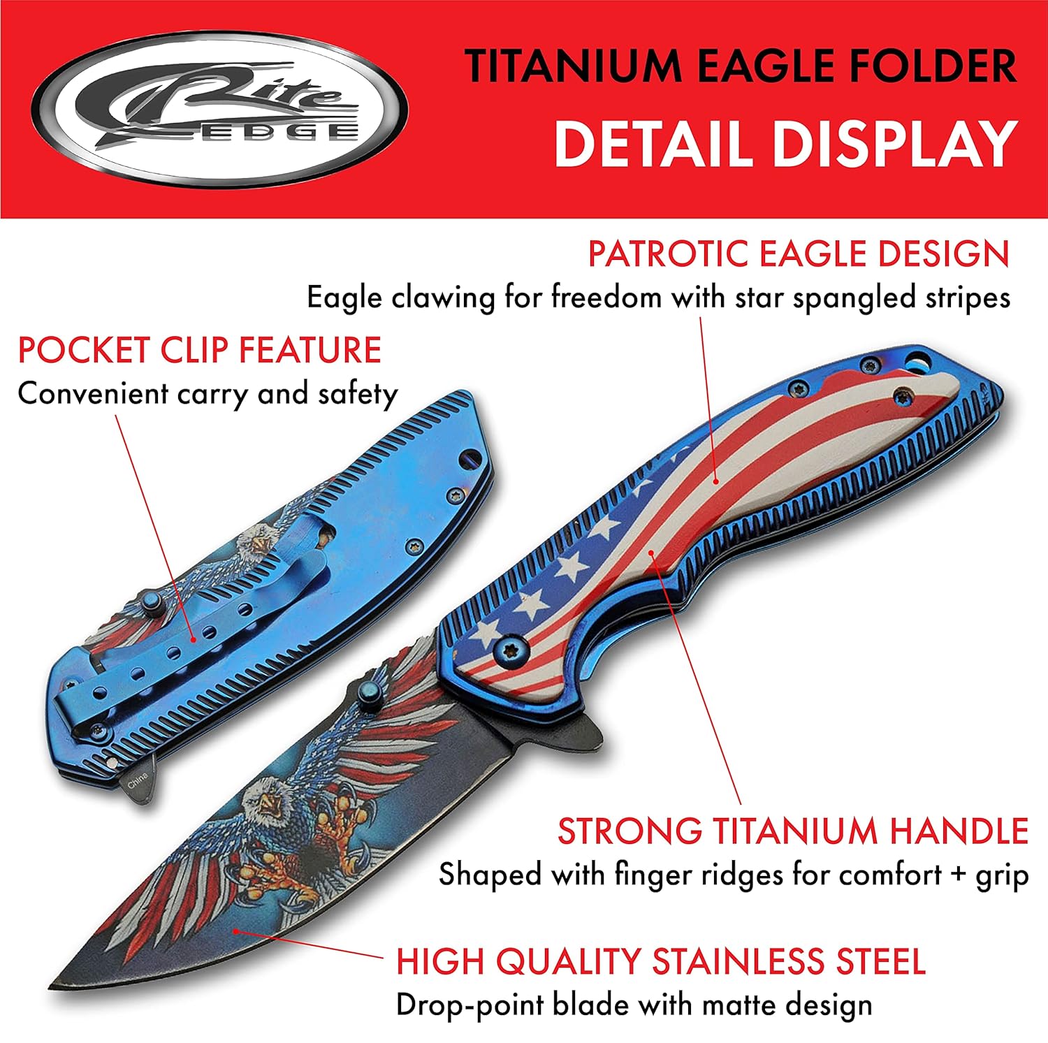 SZCO 8.25” American Eagle Titanium Finished Handled EDC Folding Knife with Pocket Clip, Red, White & Blue (300583)