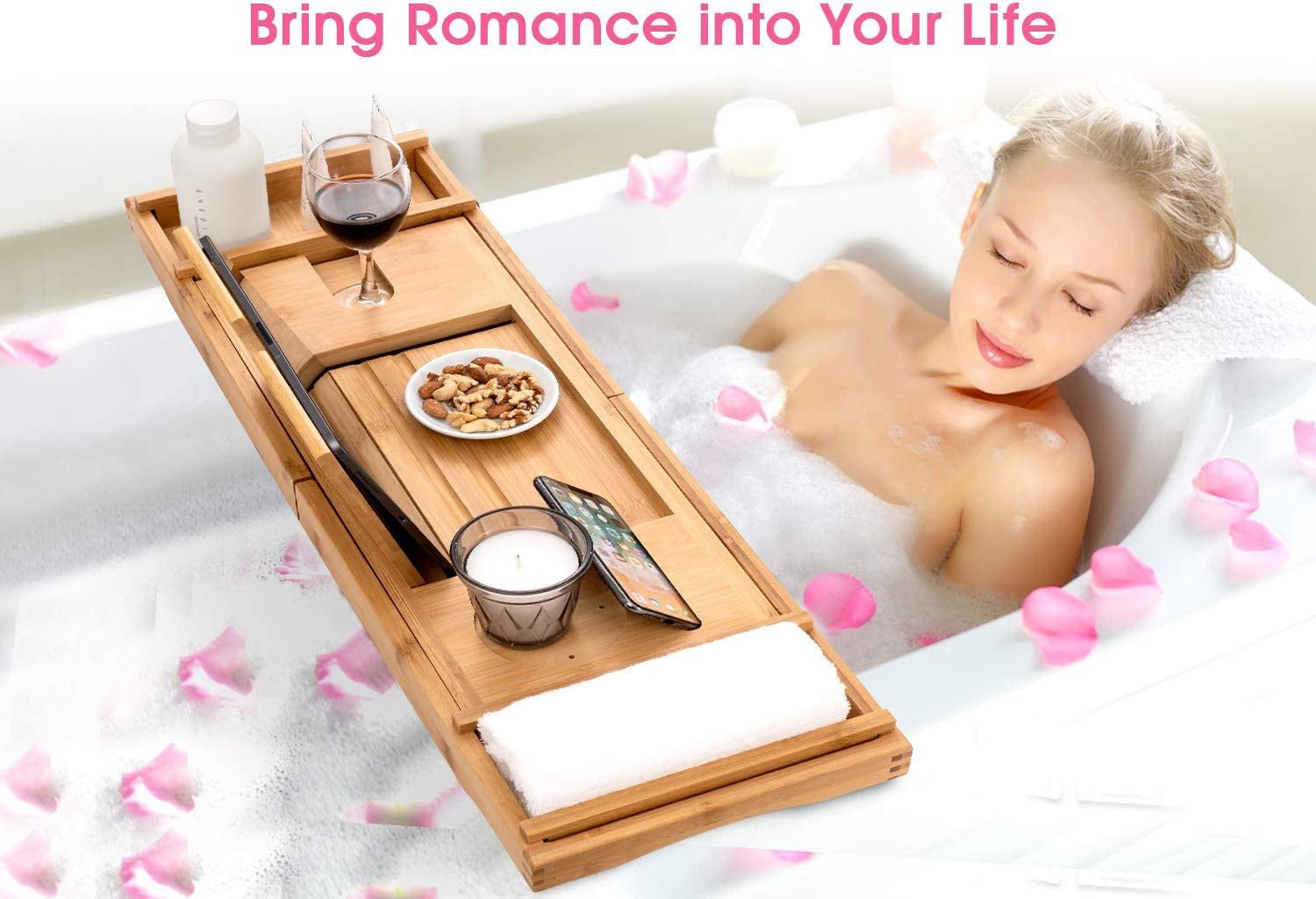 Bamboo Bathtub Caddy Tray with Extending Sides, Cellphone Ipad Tray and Wineglass Holder，Free Soap Holder