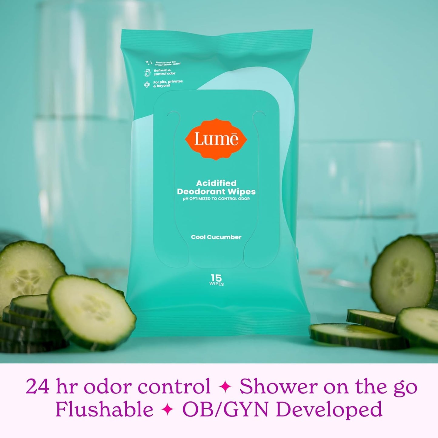 Acidified Deodorant Wipes - 24 Hour Odor Control - Aluminum Free, Baking Soda Free, Skin Loving - 15 Count (Pack of 3) (Cool Cucumber)