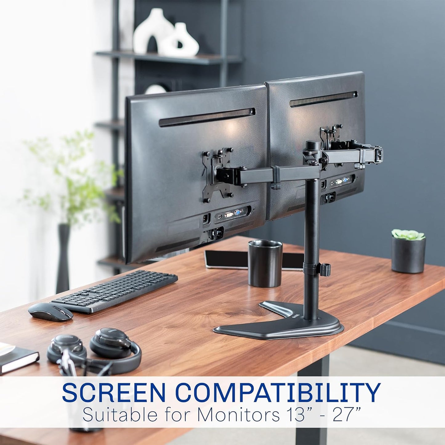 STAND-V002F Dual LED LCD Monitor Free-Standing Desk Stand for 2 Screens up to 27 Inch Heavy-Duty Fully Adjustable Arms with Max VESA 100X100Mm