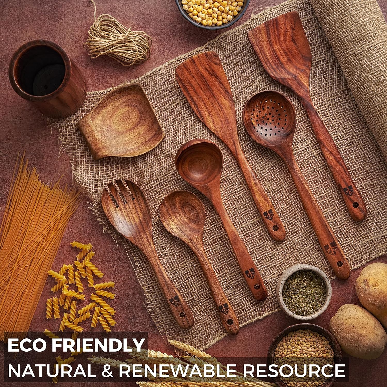 Wooden Spoons for Cooking, Wooden Cooking Utensils Set, Wooden Utensil Set with Holder, Spoon Rest & Hooks, Kitchen Gifts for Women, Kitchen Cookware – Durable Set of 8Pcs by Woodenhouse