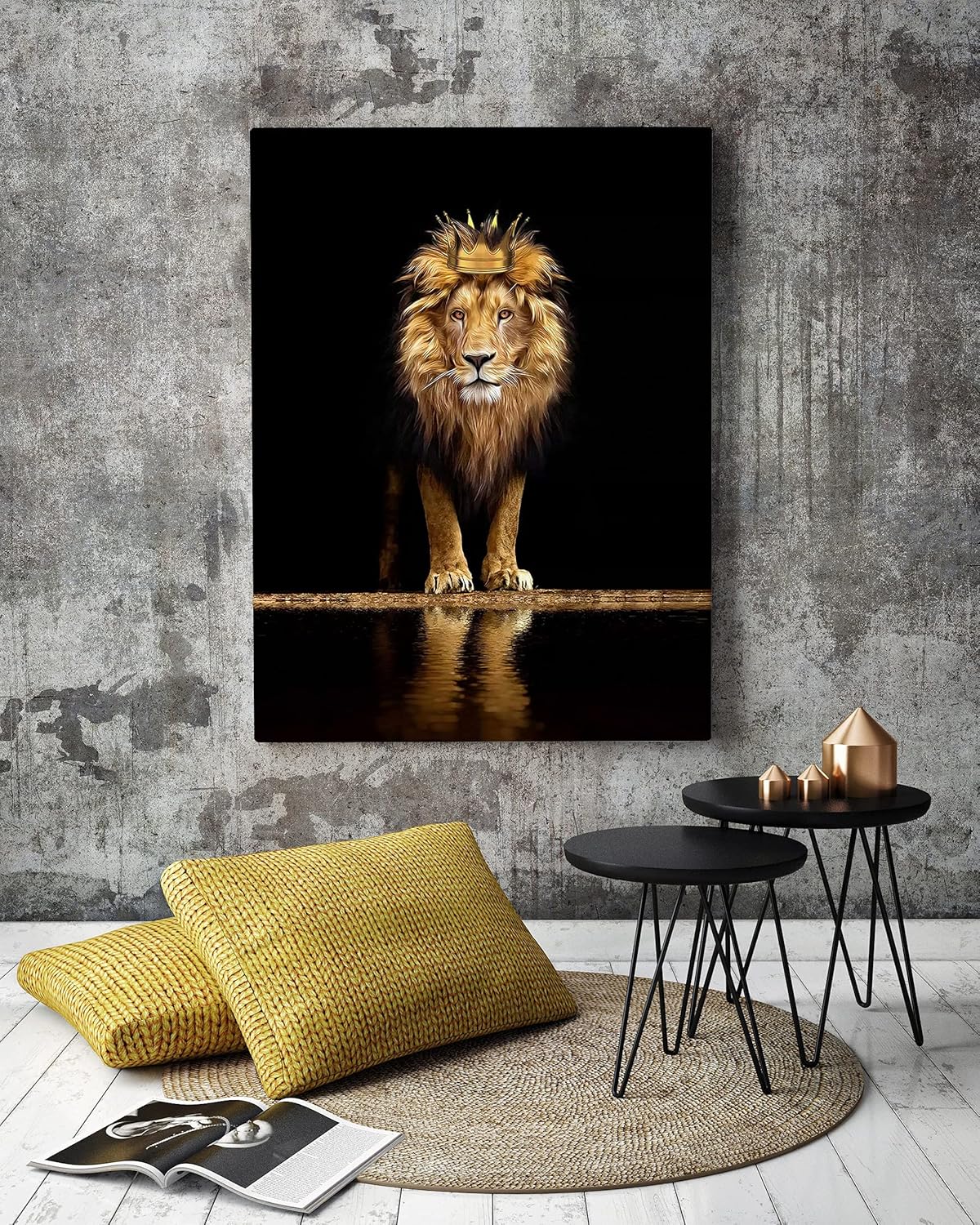 Tribute to Art Lion Canvas Print Wall Art,A with a Crown Noble and Confident,Black Golden Animal for Living Room Office Decor Home Decoration Framed Ready Hang,Bedroom Men (Lion King, 16Inchx12Inch)