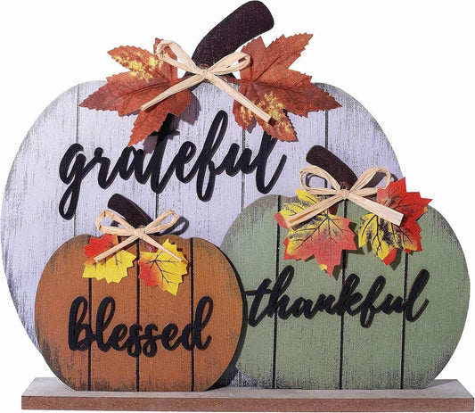 Fall Decorations for Home Blessed Grateful Thankful Fall Decor Wooden Pumpkin Tabletop Signs for Home Thanksgiving Farmhouse Living Room Harvest