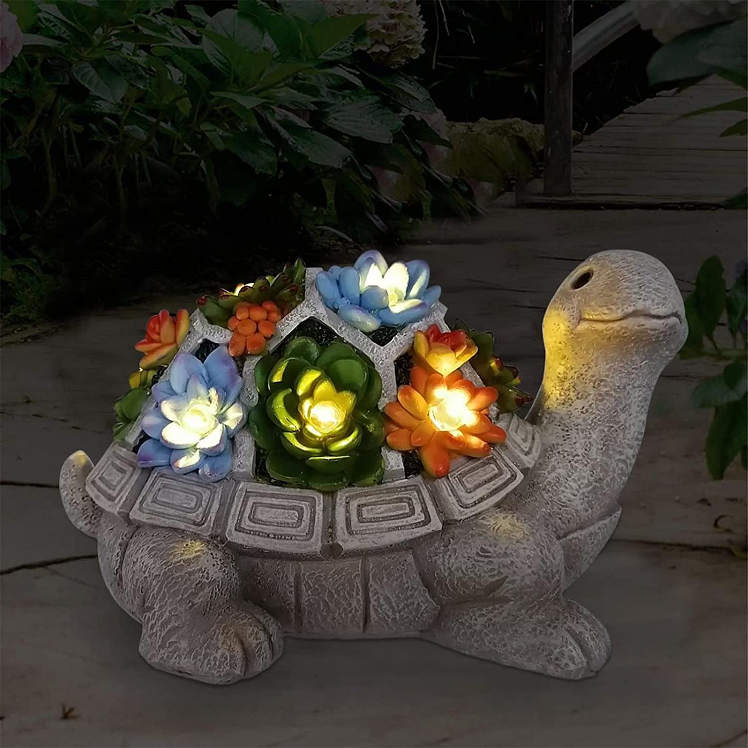 Solar Garden Outdoor Statues Turtle with Succulent and 7 LED Lights - Lawn Decor Tortoise Statue for Patio, Balcony, Yard Ornament - Unique Housewarming Gifts