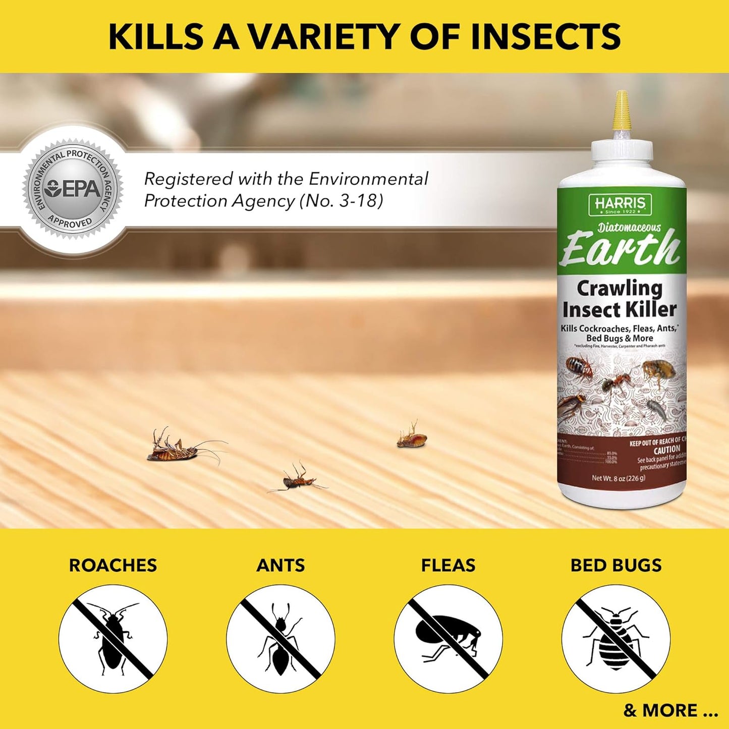 Diatomaceous Earth Crawling Insect Killer, 8Oz for Roaches, Fleas, Ants, Bed Bugs, and More…