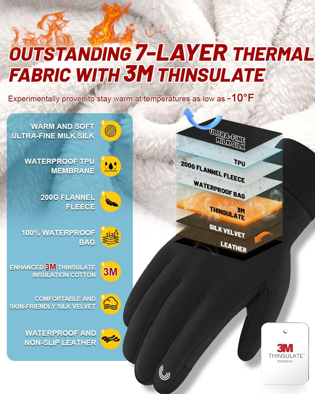 -10℉ 3M Completely Waterproof Gloves for Cold Weather, Winter Gloves 7 Layer Thermal Warm Men Women, Extreme Cold Gloves with 10 Touchscreen Fingers for Cycling Skiing Running Snow