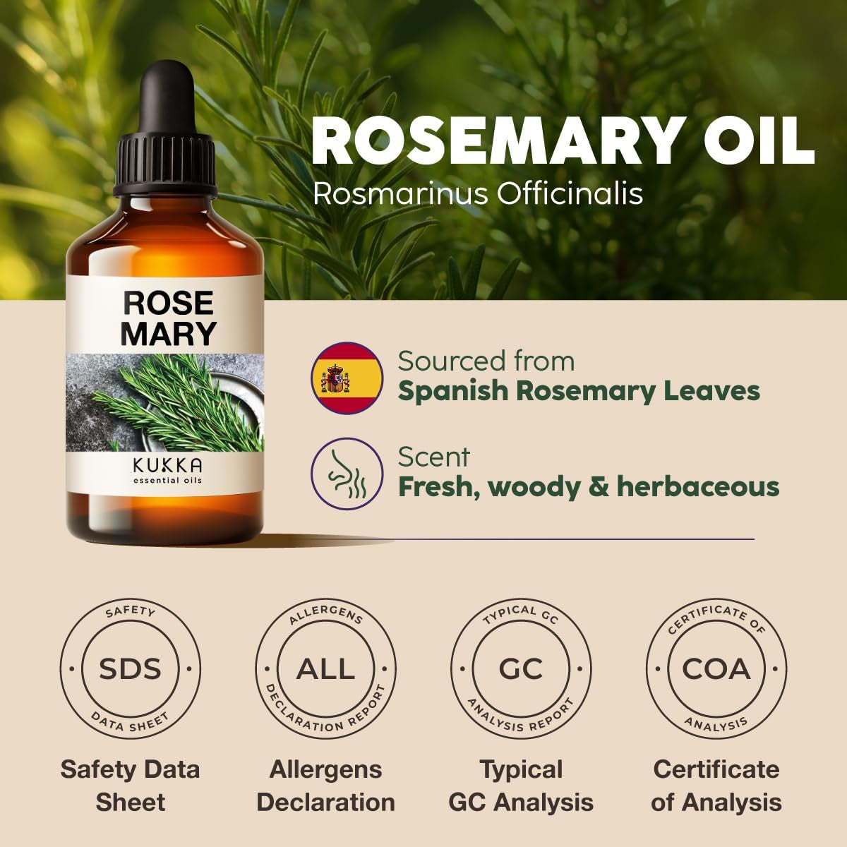 Kukka Rosemary Oil for Hair - 100% Natural Rosemary Hair Oil Rosemary Essential Oils for Skin Diffuser & Aromatherapy - Soap Making Scent & DIY (4 Fl Oz)