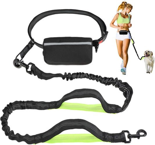 Hands Free Dog Leash, Suitable for Running Walking Jogging Hiking, Training for Small Medium and Large Dogs, Adjustable Waist Belt, Dual-Handle Reflective Bungee, Zipper Pouch. (Black W Green)