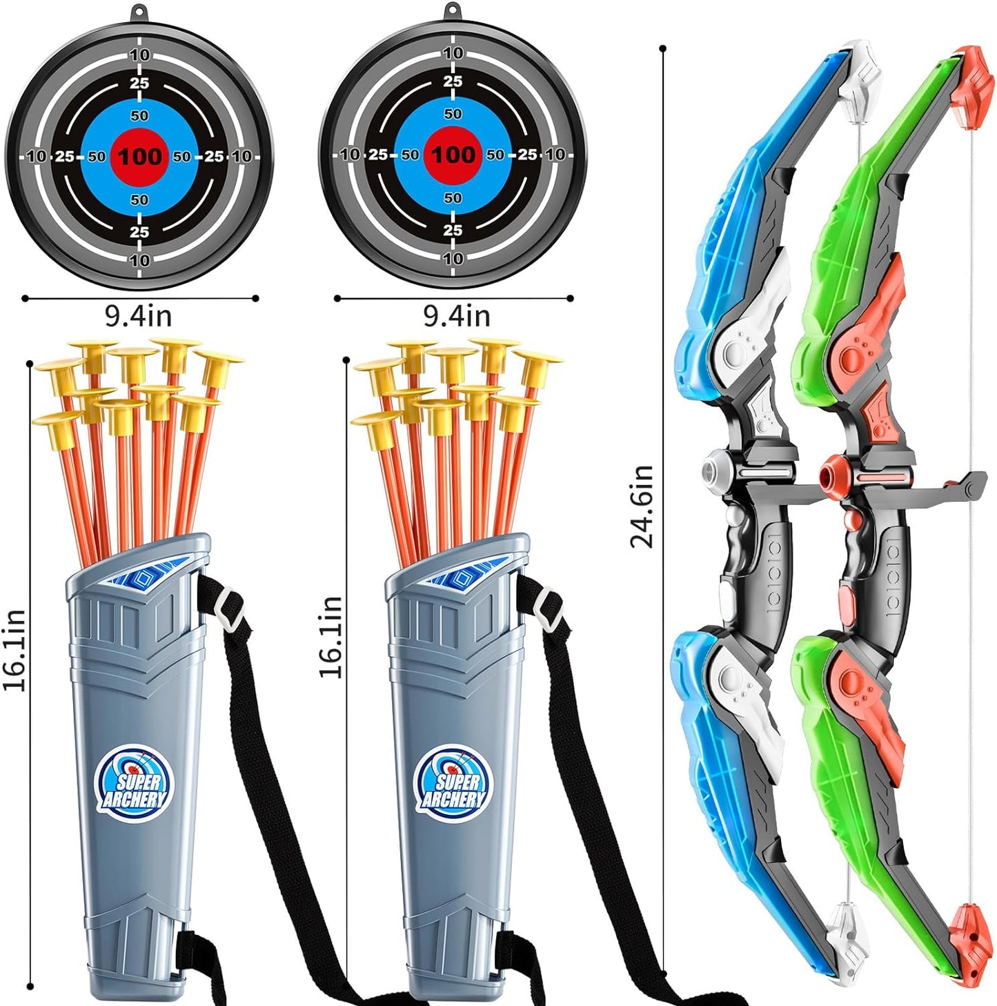 2 Pack Set Bow and Arrow Archery Toy for Kids, LED Light up with 20 Suction Cup Arrows Target & Quiver, Outdoor Toys Kids Boys Girls Ages 3-12 Years Old