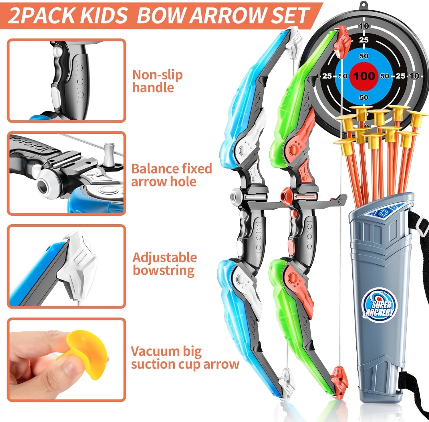 2 Pack Set Bow and Arrow Archery Toy for Kids, LED Light up with 20 Suction Cup Arrows Target & Quiver, Outdoor Toys Kids Boys Girls Ages 3-12 Years Old