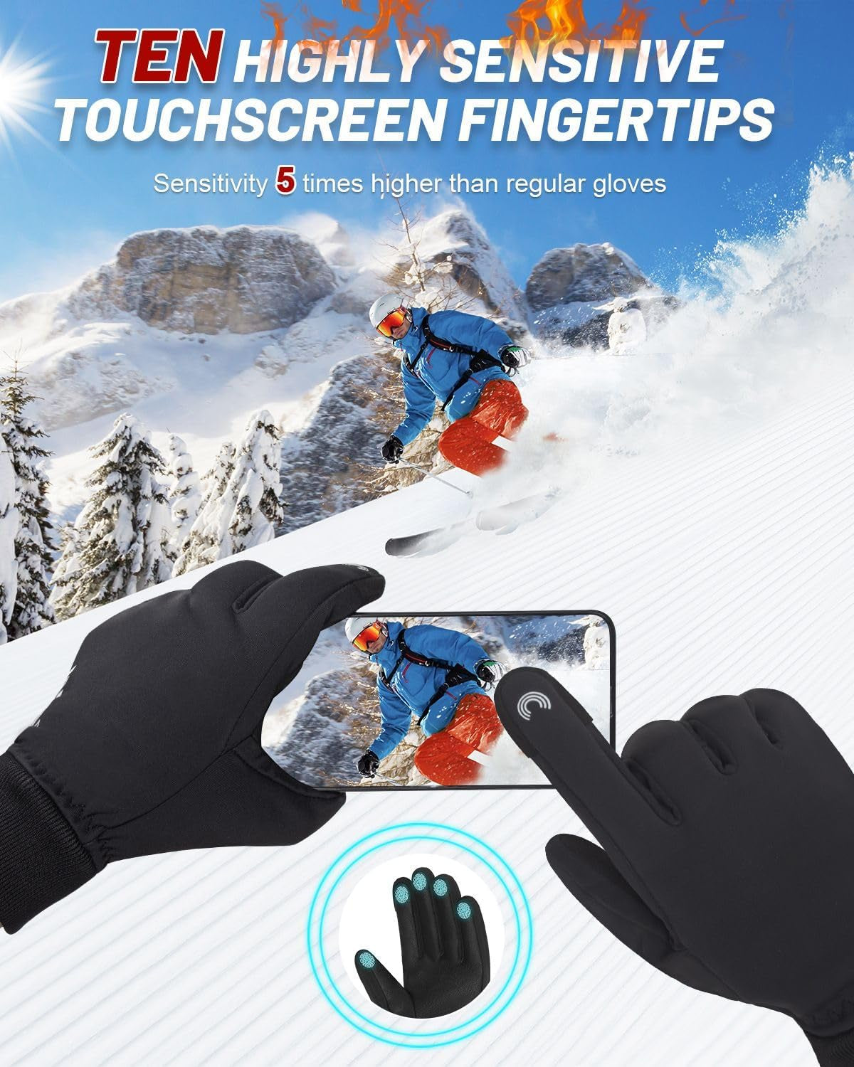 -10℉ 3M Completely Waterproof Gloves for Cold Weather, Winter Gloves 7 Layer Thermal Warm Men Women, Extreme Cold Gloves with 10 Touchscreen Fingers for Cycling Skiing Running Snow