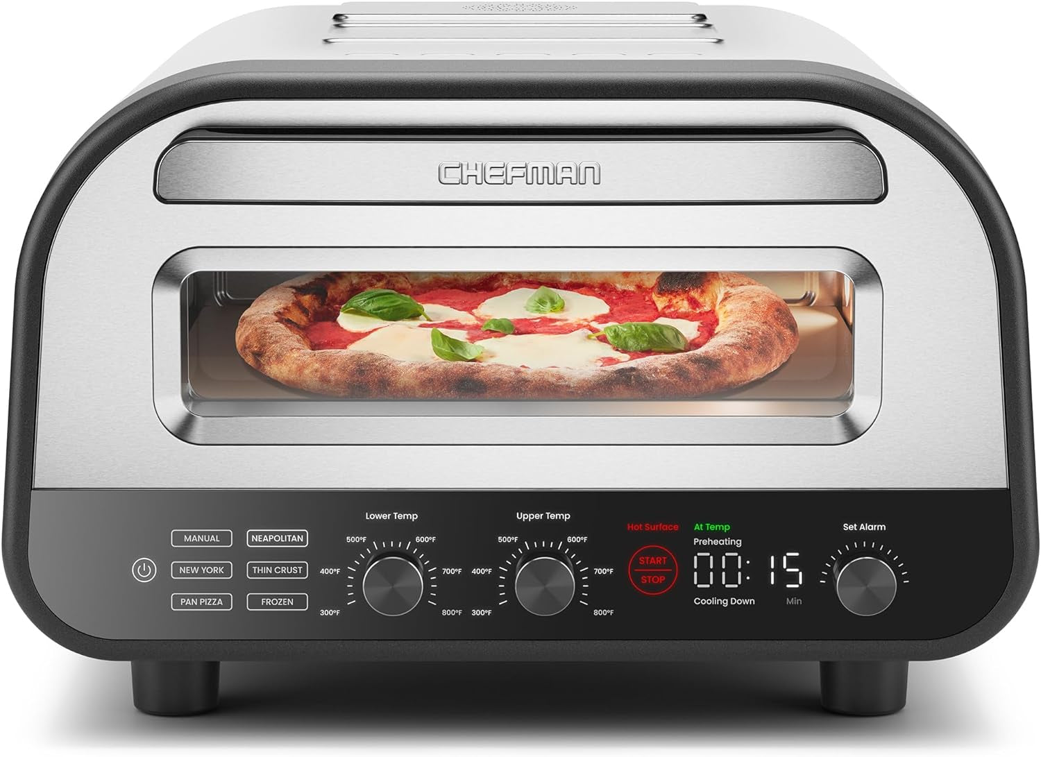 Indoor Pizza Oven - Makes 12 Inch Pizzas in Minutes, Heats up to 800°F - Countertop Electric Pizza Maker with 5 Touchscreen Presets, Pizza Stone and Peel Included - Stainless Steel