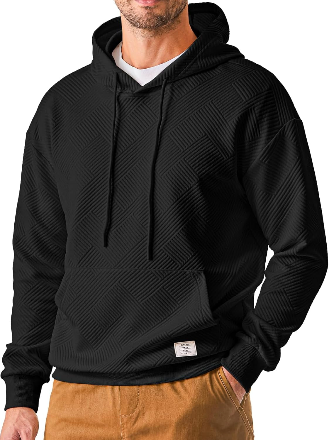 Men'S Fall Sweatshirts Hooded Soild Color Geometric Texture Long Sleeve Casual Pullover Sweaters