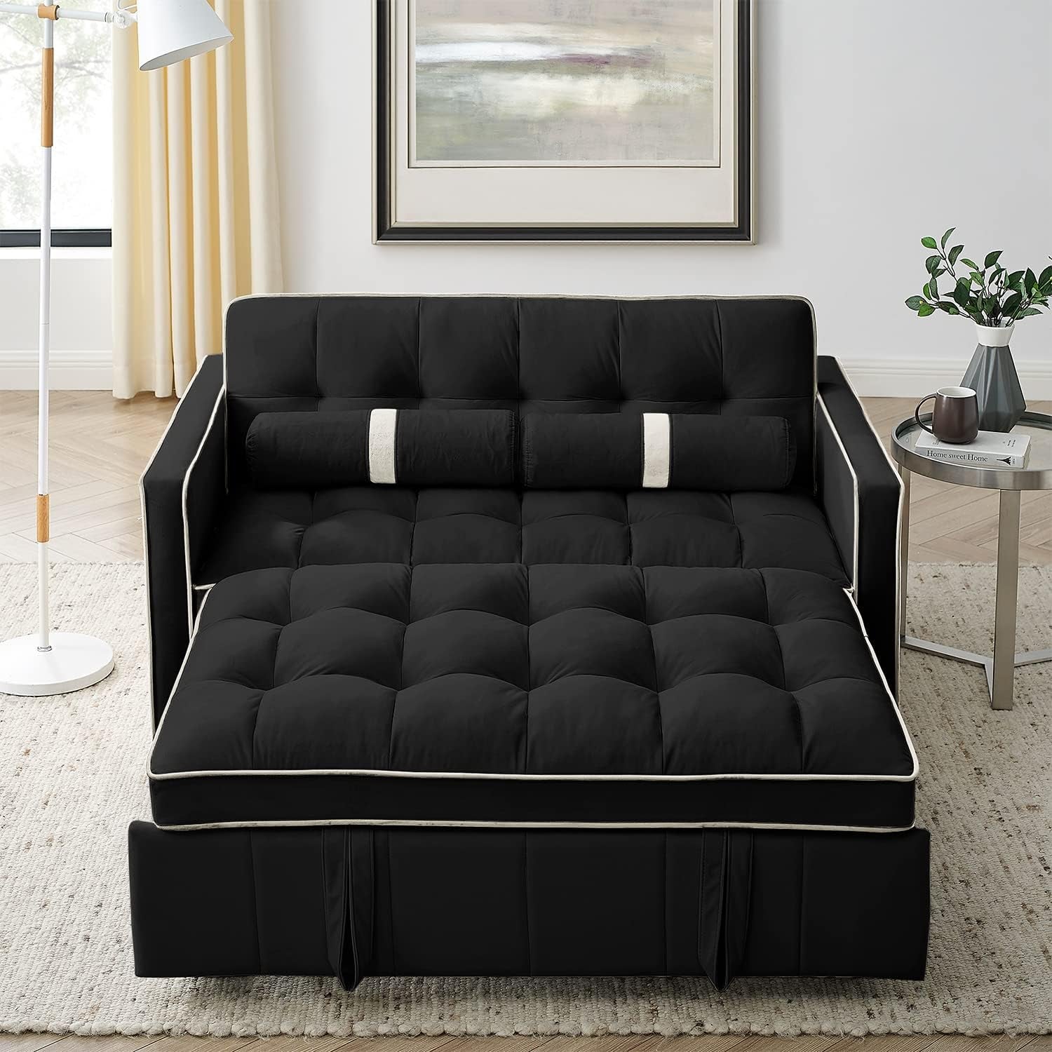 3 in 1 Sleeper Sofa Couch Bed, Small Tufted Velvet Convertible Loveseat Futon Sofa W/Pullout Bed, Adjustable Backrest, Cylinder Pillows for Living Room Apartment, Easy to Assemble, Black, 55.5"