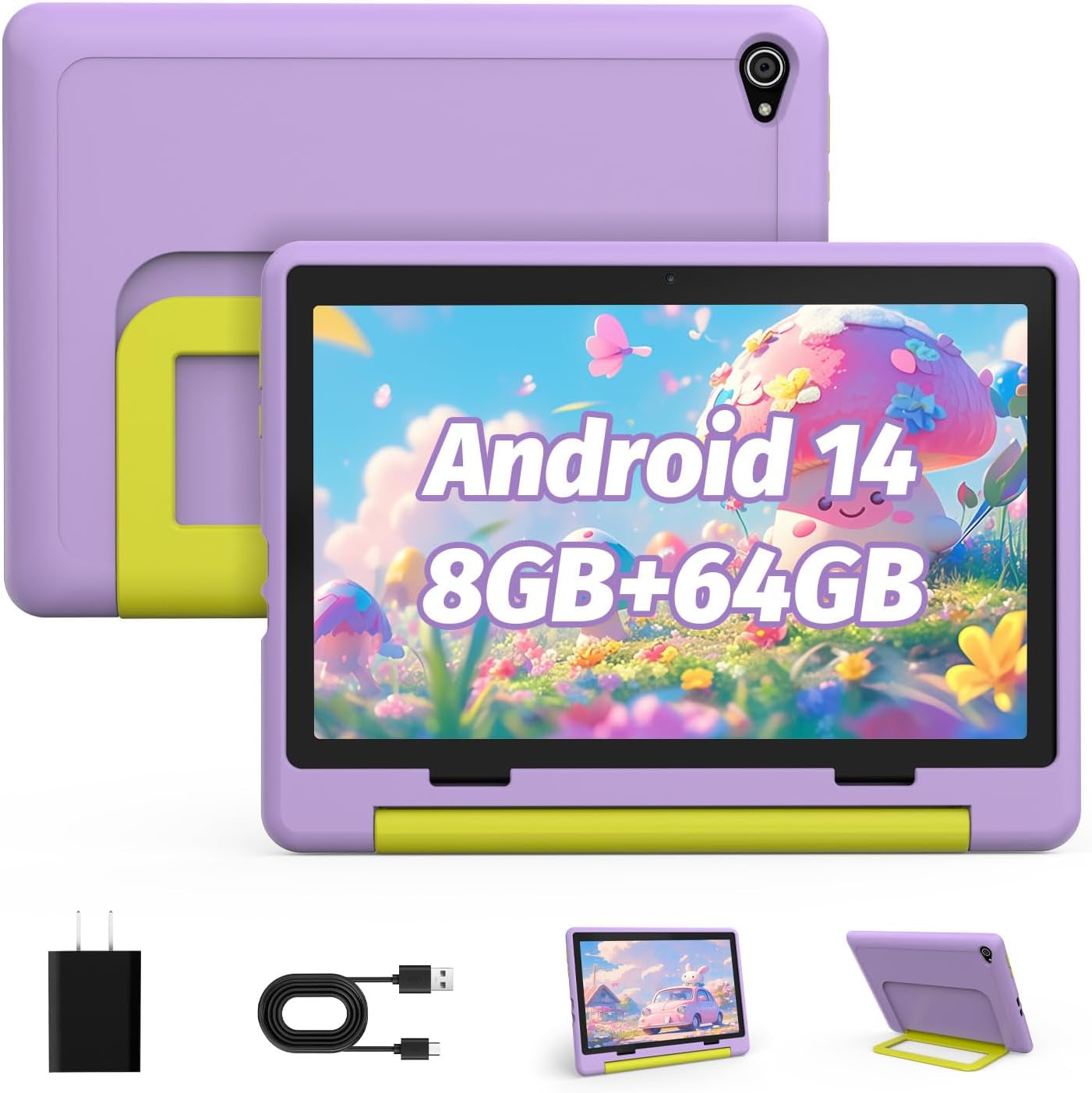 Kids Tablet｜Upgraded Android 14 Tablet 10 Inch for Kids with Protective Case｜Octa-Core｜8+64Gb 1TF Card Expandable｜Dual Camera｜Parental Control｜Pre-Intalled Kidoz｜Great Gift for Toddler (Purple)