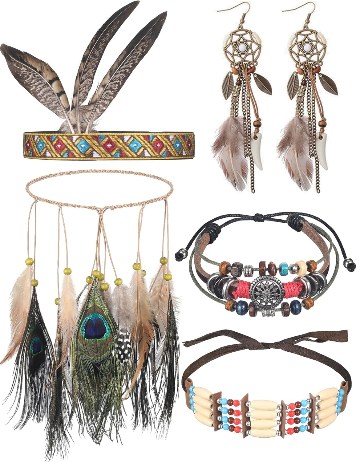 5 Pieces Indian Native American Jewelry Set Includes Feather Headdress Faux Peacock Feather Hair Band Boho Dream Catcher Dangle Earrings Choker Necklace Bracelet for Women Catcher Tassel