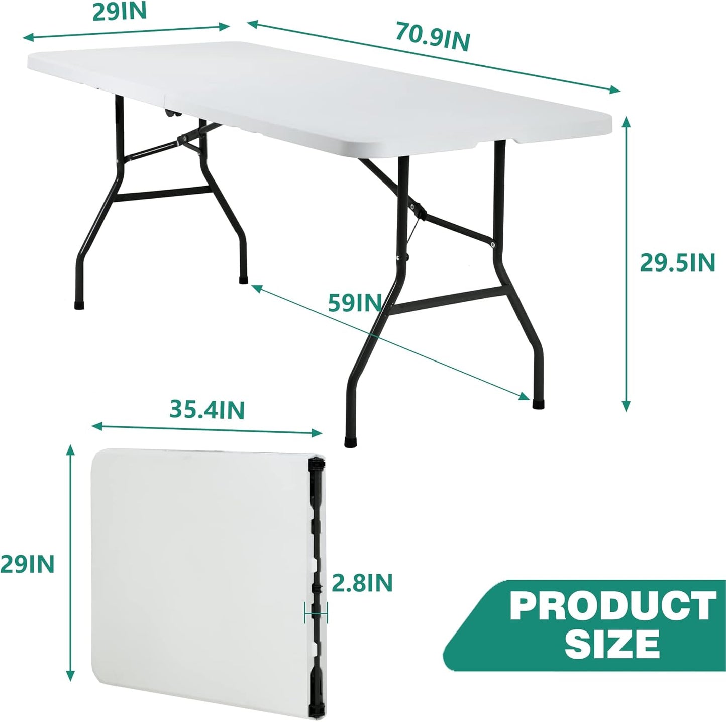 Camping Table Plastic Picnic Table Office Table for Parties Wedding Camping Office with Carrying Handle (White, 6 FT)