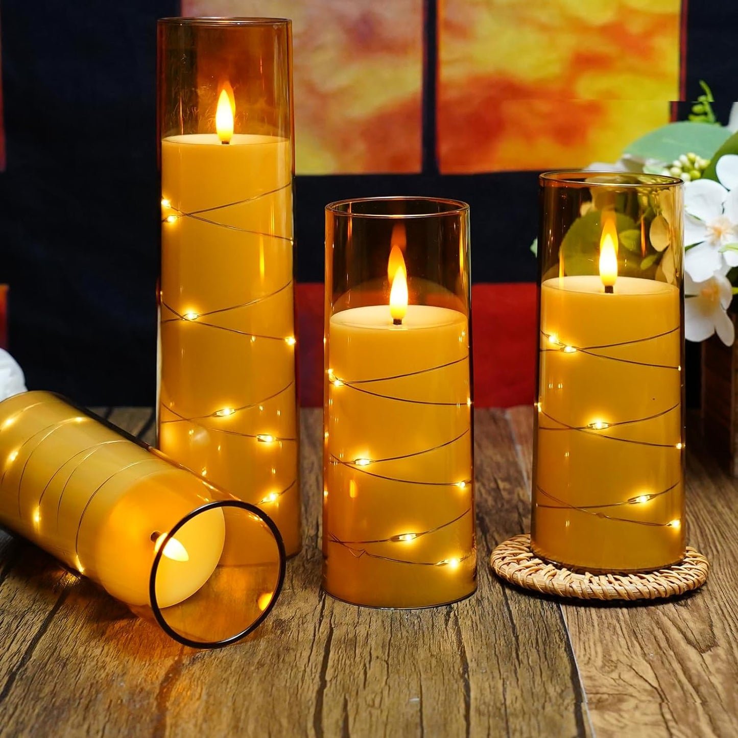 Flameless LED Candles with Timer 5 Pc Flickering Flameless Candles for Romantic Ambiance and Home Decoration Stable Acrylic Shell,With Embedded Star String，Battery Operated Candles（Gold）