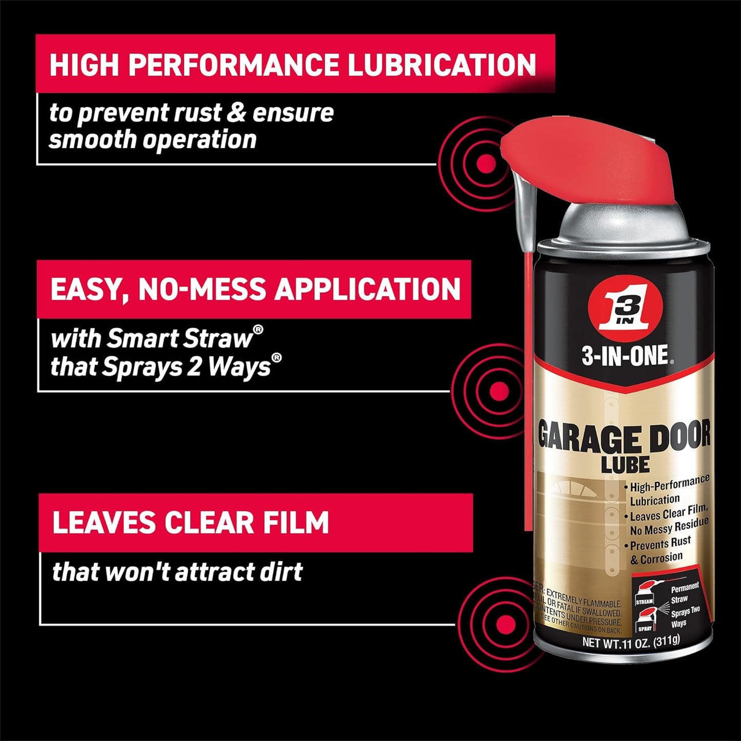 Garage Door Lubricant with SMART STRAW SPRAYS 2 WAYS, 11 OZ