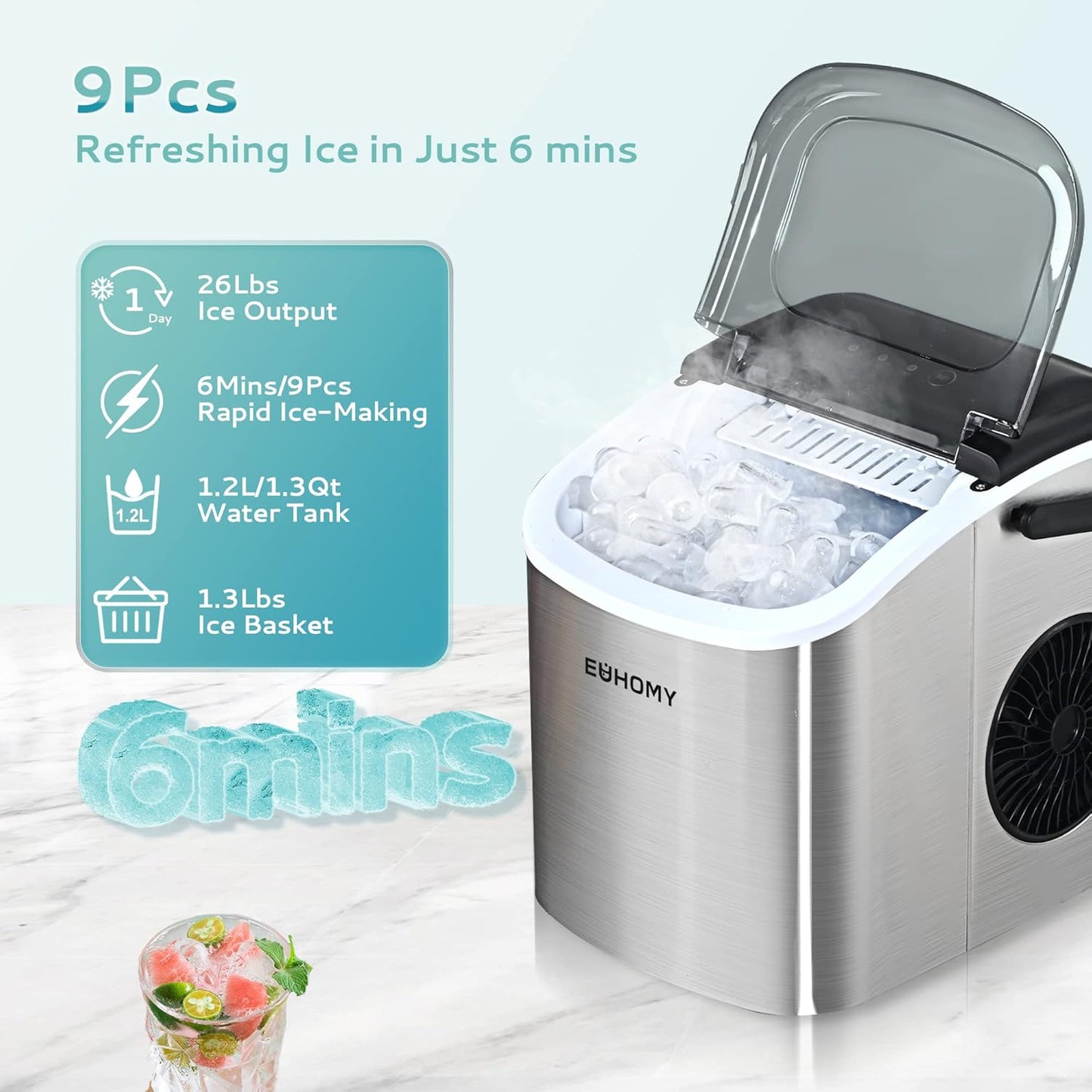 Countertop Ice Maker Machine with Handle, 26Lbs per Day, 9 Ice Cubes Ready in 6 Mins, Auto-Cleaning Portable Ice Maker with Basket and Scoop, for Home/Kitchen/Camping/Rv (Silver)