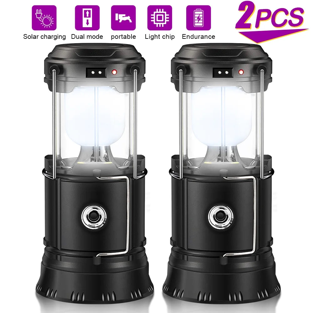 2 Pack Solar USB Rechargeable Brightest COB LED Camping Lantern , Charging for Android, Waterproof Collapsible Emergency LED Light - Black