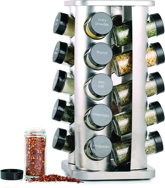 20 Jar Spice Rack with Spices Included - Revolving Tower Organizer for Kitchen Spices and Seasonings, Free Spice Refills for 5 Years (Stainless Steel)