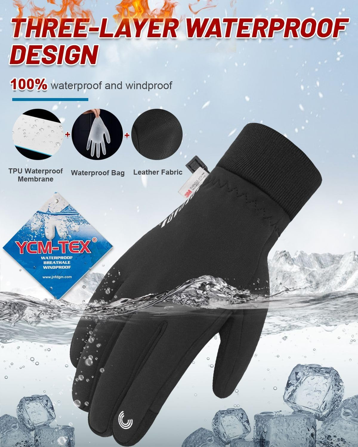 -10℉ 3M Completely Waterproof Gloves for Cold Weather, Winter Gloves 7 Layer Thermal Warm Men Women, Extreme Cold Gloves with 10 Touchscreen Fingers for Cycling Skiing Running Snow