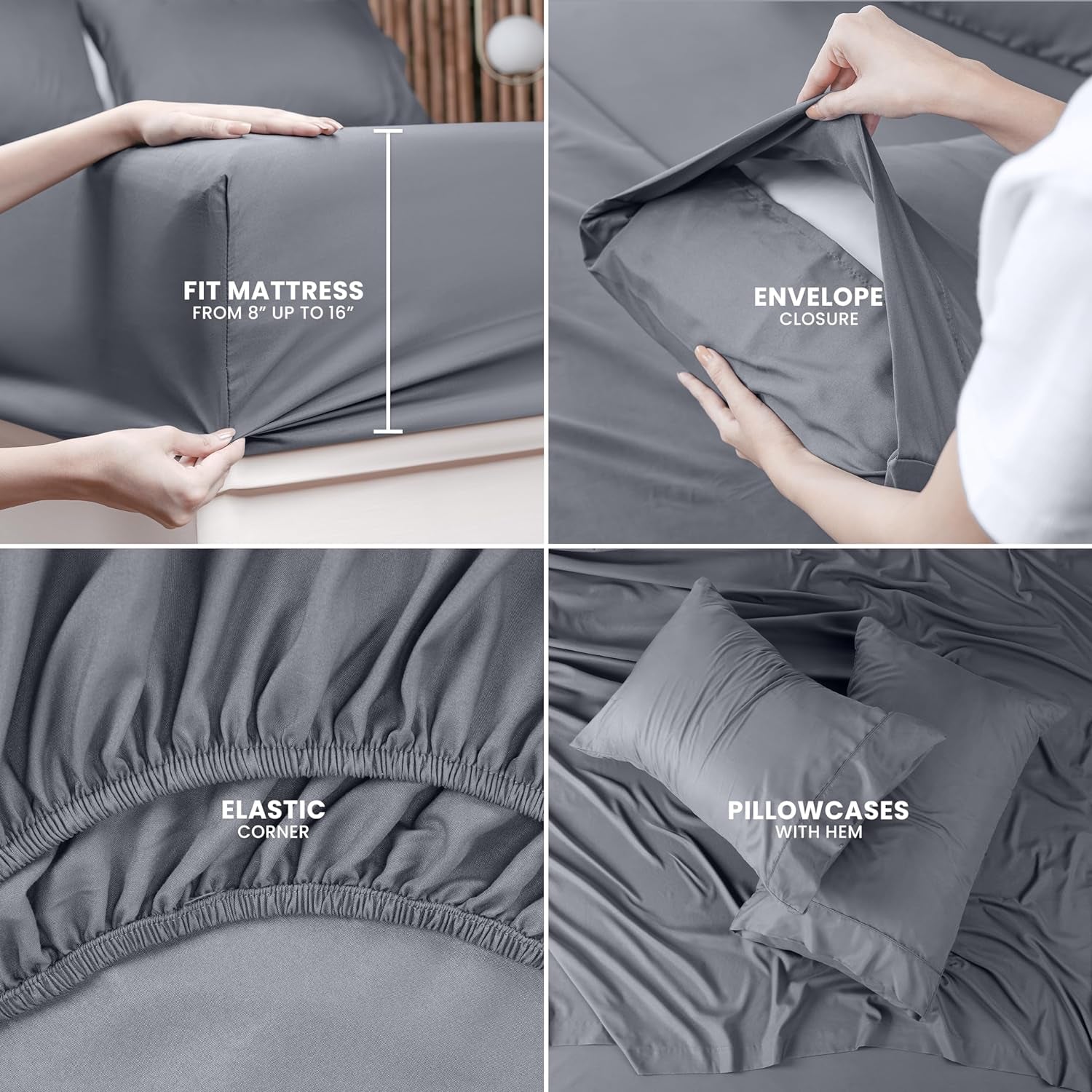 Queen Bed Sheets Set - 4 Piece Bedding - Brushed Microfiber - Shrinkage and Fade Resistant - Easy Care (Queen, Grey)