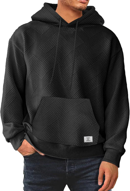 Men'S Fall Sweatshirts Hooded Soild Color Geometric Texture Long Sleeve Casual Pullover Sweaters