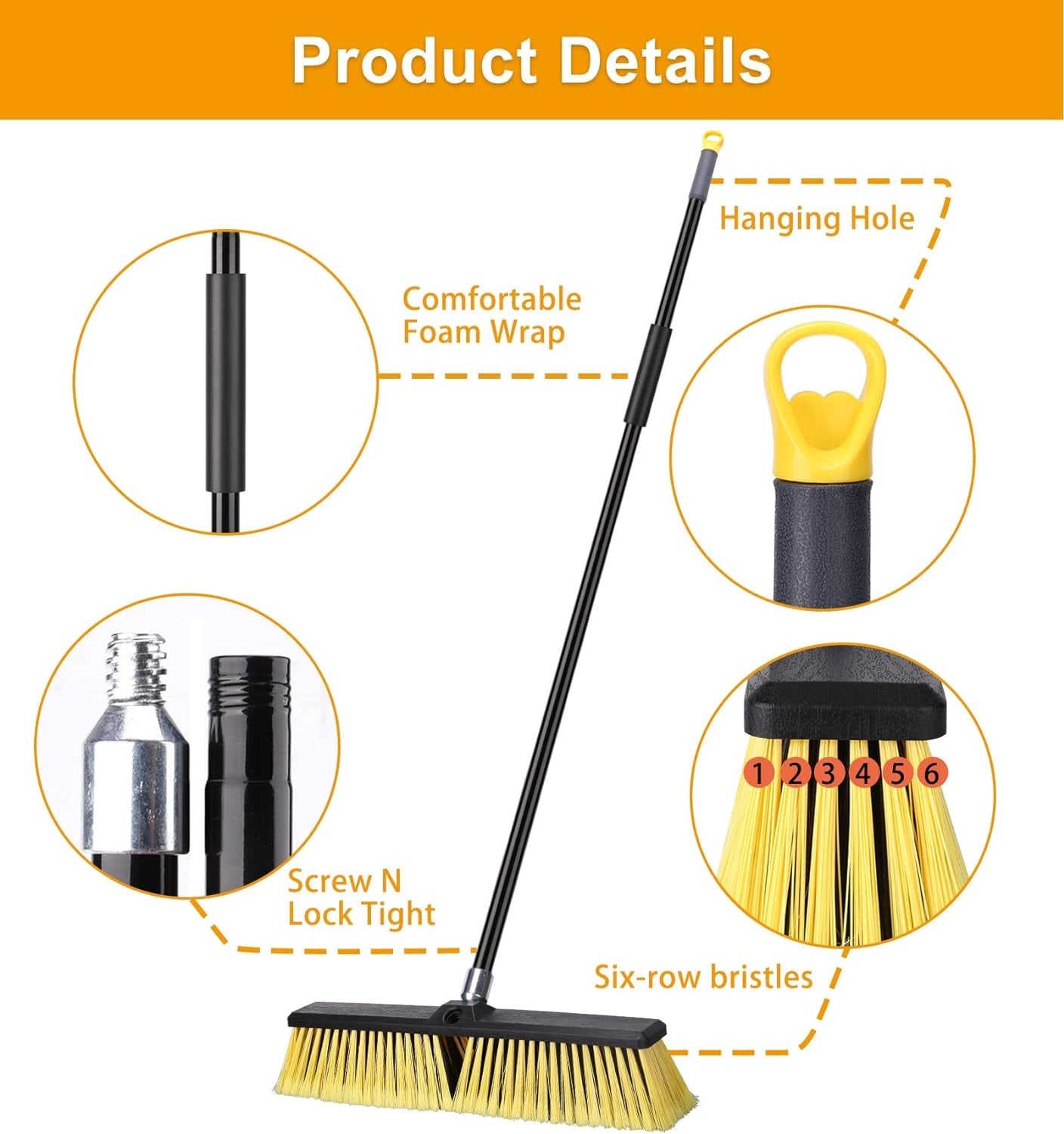 18 Inches Push Broom Outdoor- Heavy Duty Broom with 63" Long Handle for Deck Driveway Garage Yard Patio Warehouse Concrete Floor Cleaning