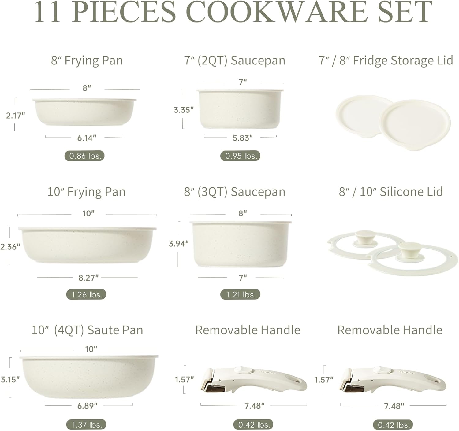 Pots and Pans Set Non Stick, Cookware Sets, 11Pcs Kitchen Set, Oven/Fridge Safe, Space Saving Pots Set, Nonstick Set with Versatile Removable/Detachable Handle, Induction RV Set, Cream White