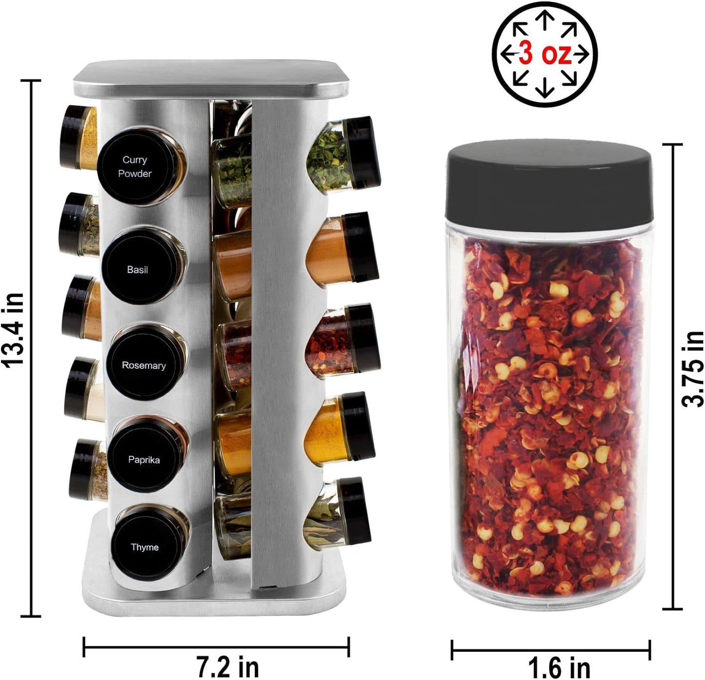 20 Jar Spice Rack with Spices Included - Revolving Tower Organizer for Kitchen Spices and Seasonings, Free Spice Refills for 5 Years (Stainless Steel)