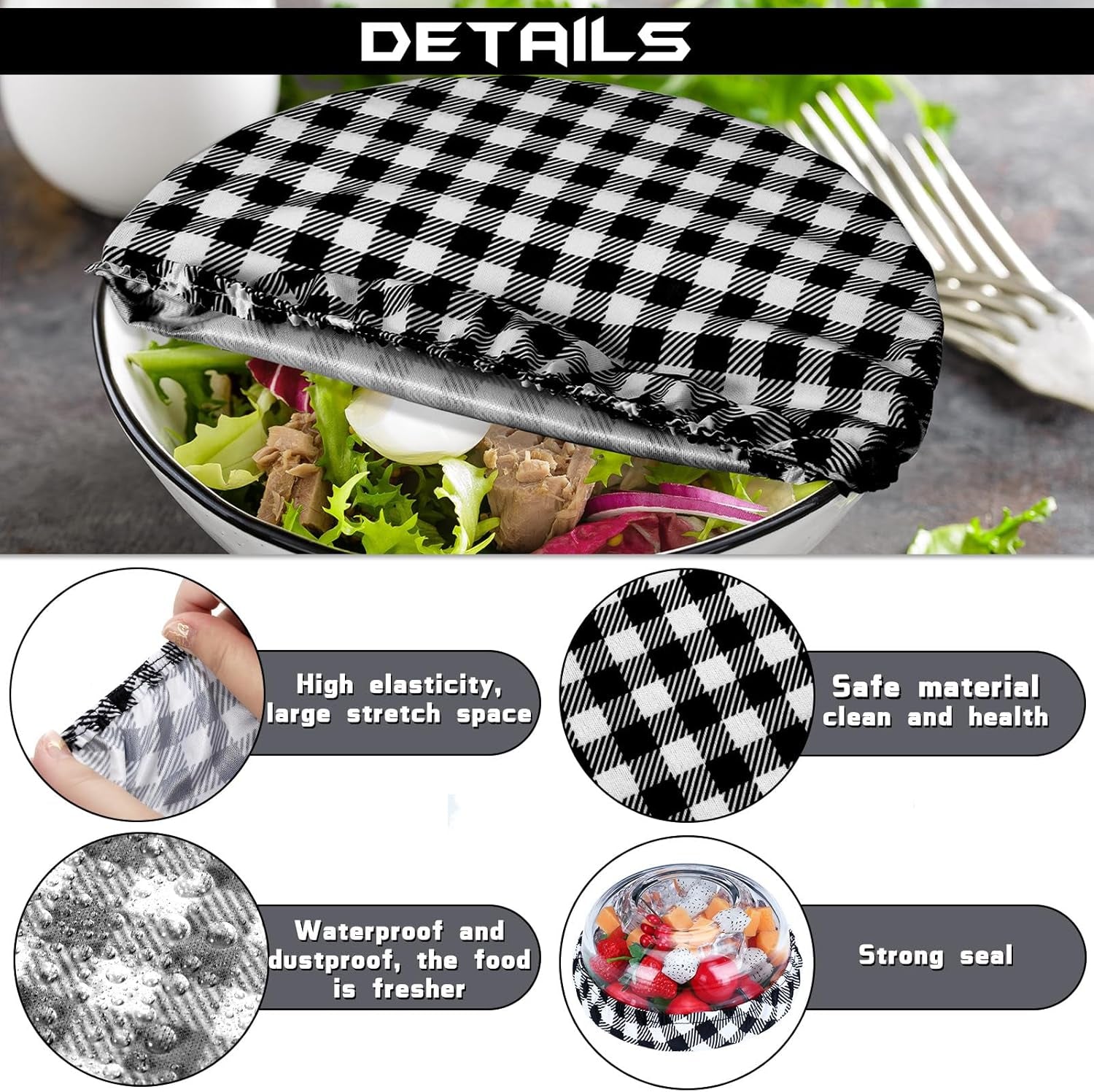 8 Pieces Reusable Bowl Covers Baking Dish Covers Elastic Food Storage Covers Washable Bowl Covers for Bread Proofing, Outdoor Food Storage, 6, 8, 12, 14 Inch (Black-White Buffalo Plaid)