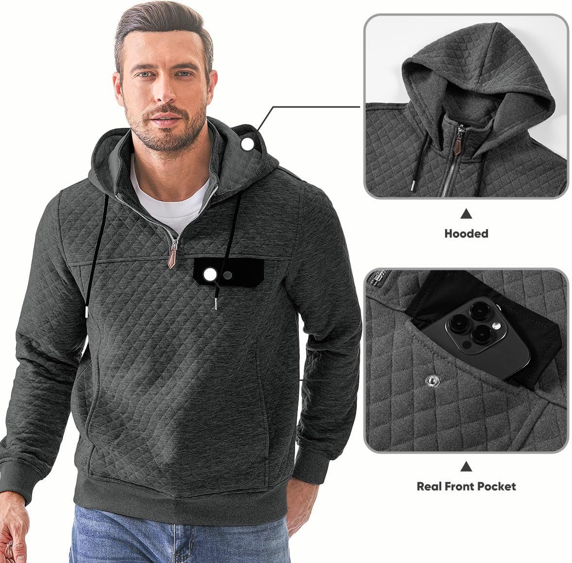 Men'S Quilted Hoodies Casual Long Sleeve Quarter-Zip Pullover Sweatshirt with Pockets