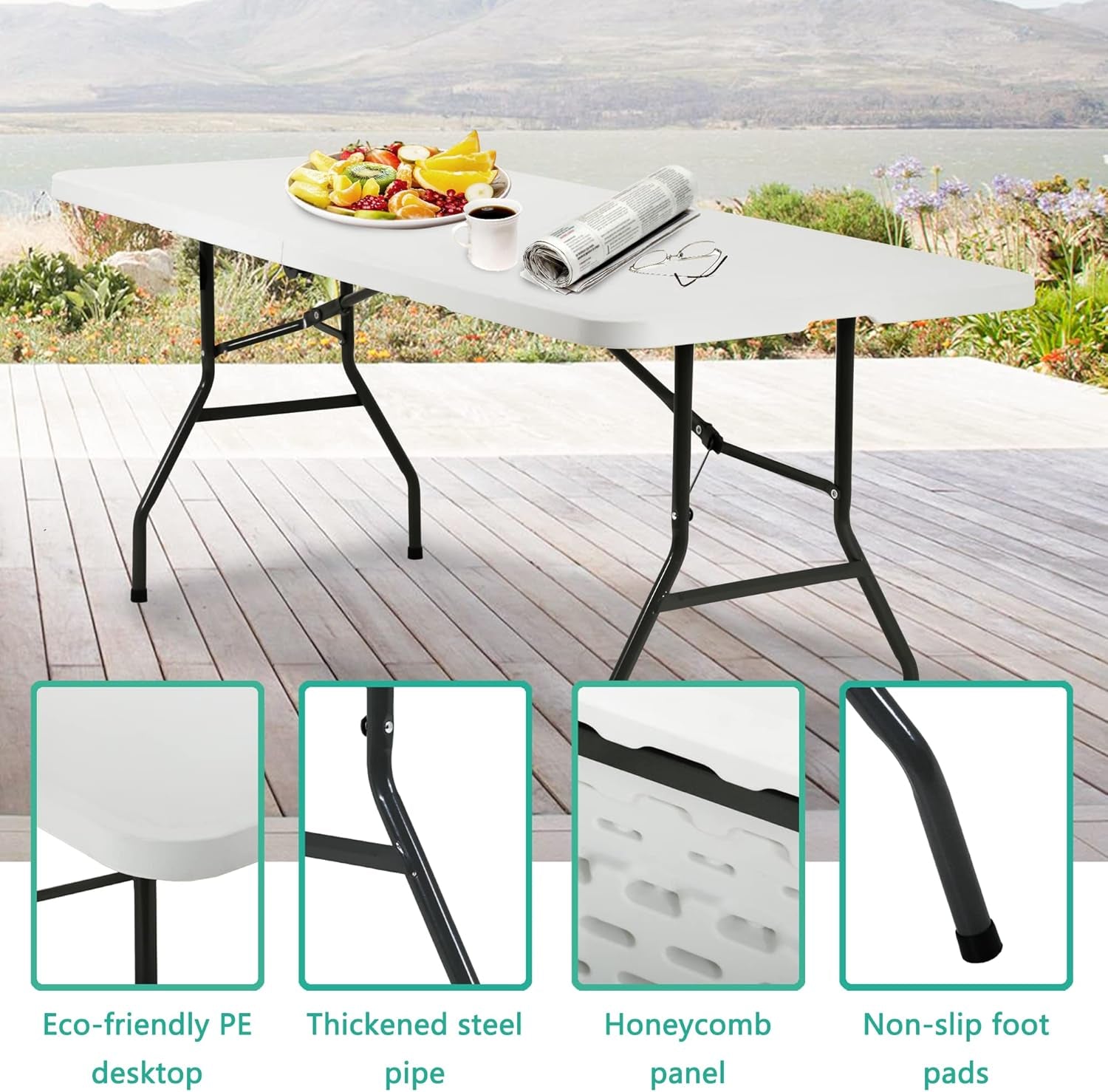 Camping Table Plastic Picnic Table Office Table for Parties Wedding Camping Office with Carrying Handle (White, 6 FT)