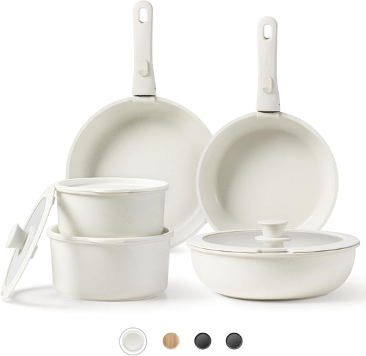Pots and Pans Set Non Stick, Cookware Sets, 11Pcs Kitchen Set, Oven/Fridge Safe, Space Saving Pots Set, Nonstick Set with Versatile Removable/Detachable Handle, Induction RV Set, Cream White