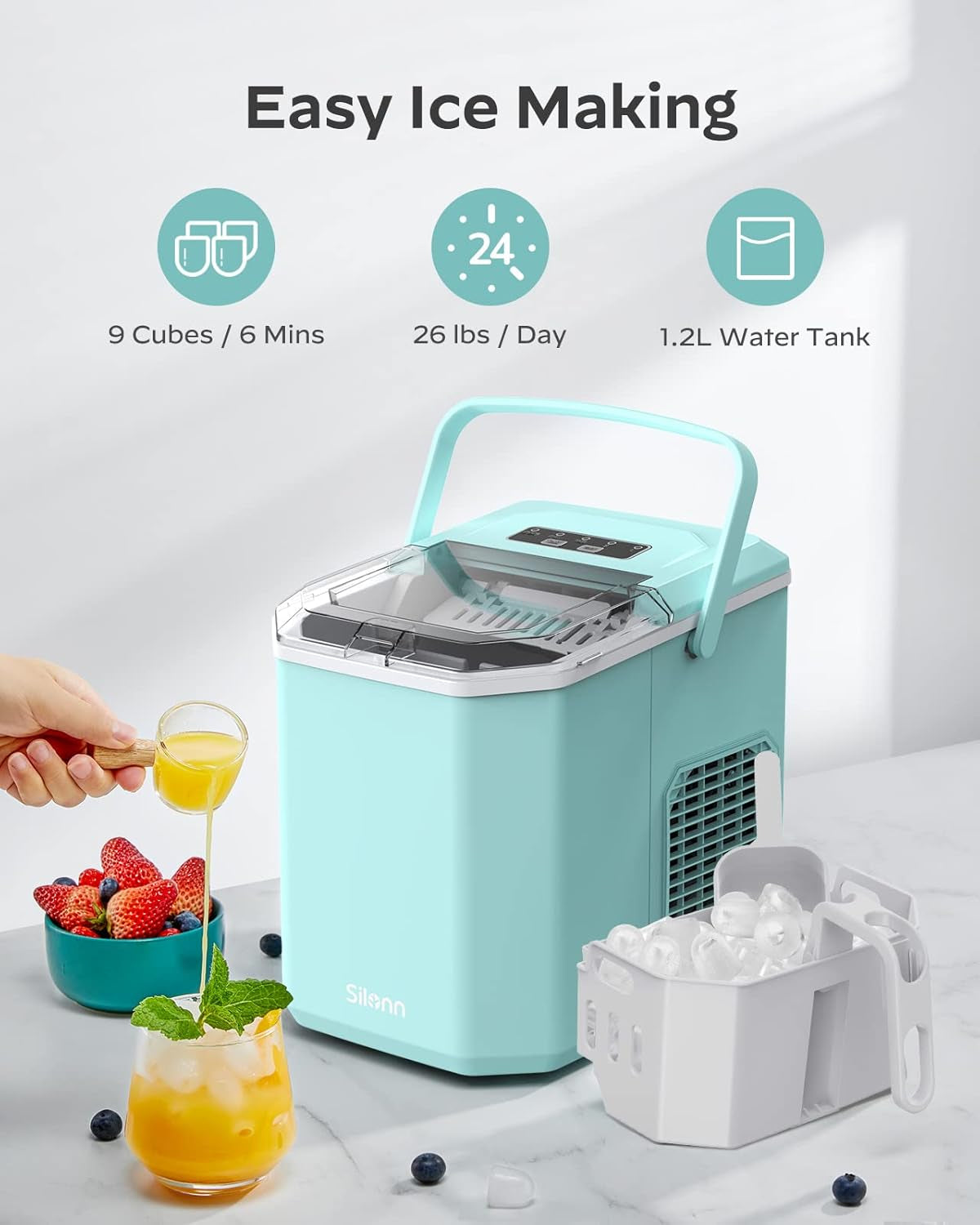 Ice Maker Countertop, Portable Ice Machine with Carry Handle, Self-Cleaning Ice Makers with Basket and Scoop, 9 Cubes in 6 Mins, 26 Lbs per Day, Ideal for Home, Kitchen, Camping, RV