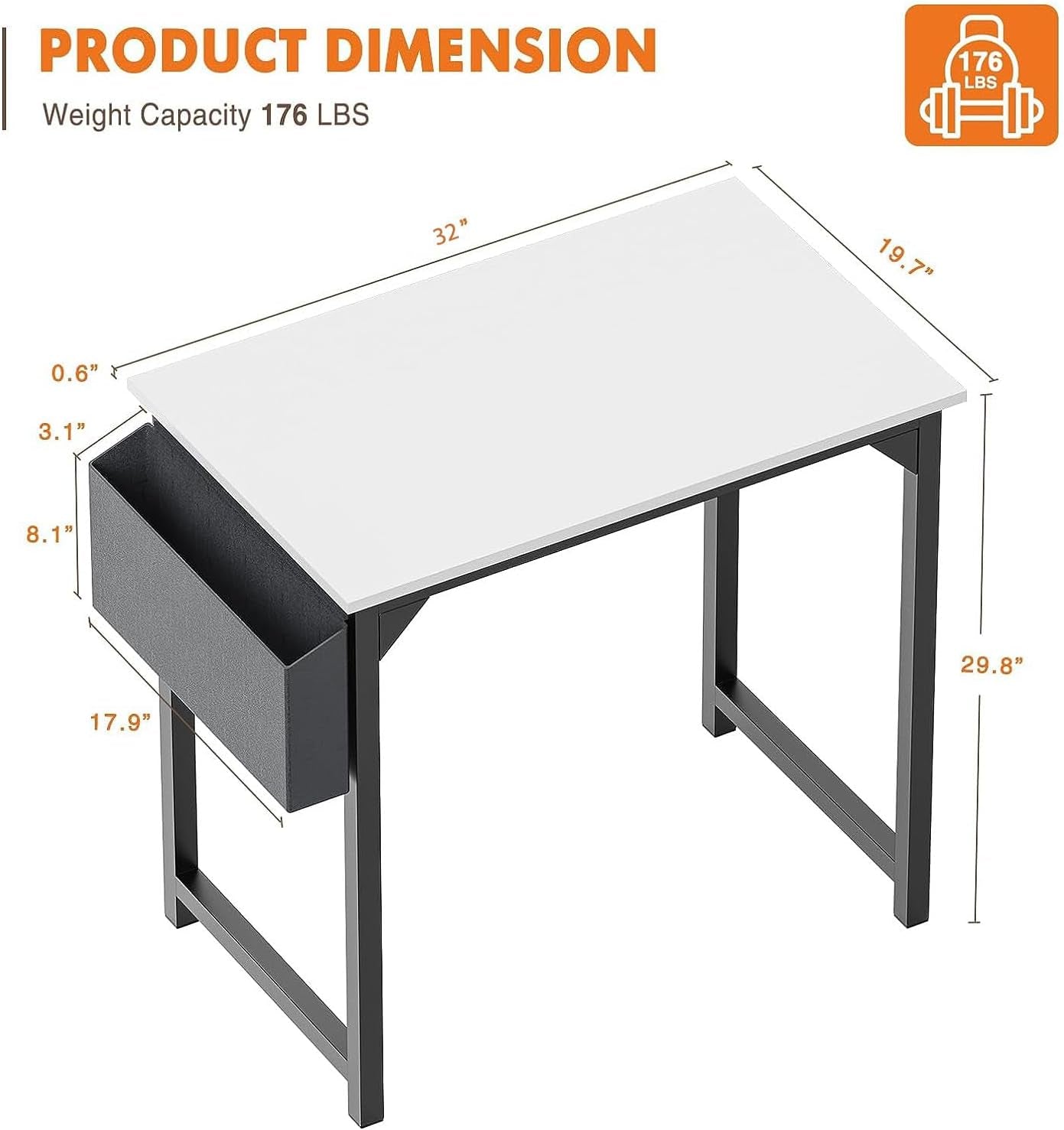 Computer Desk - 32 Inch Small Office Writing Work Study Kids Student Teacher Home Bedroom Table Storage Bag Headphone Hooks & No Wheels - White