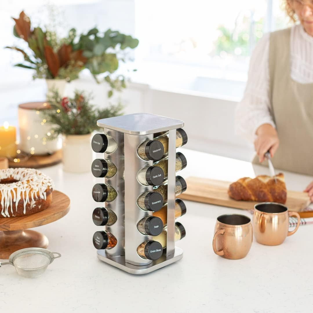 20 Jar Spice Rack with Spices Included - Revolving Tower Organizer for Kitchen Spices and Seasonings, Free Spice Refills for 5 Years (Stainless Steel)