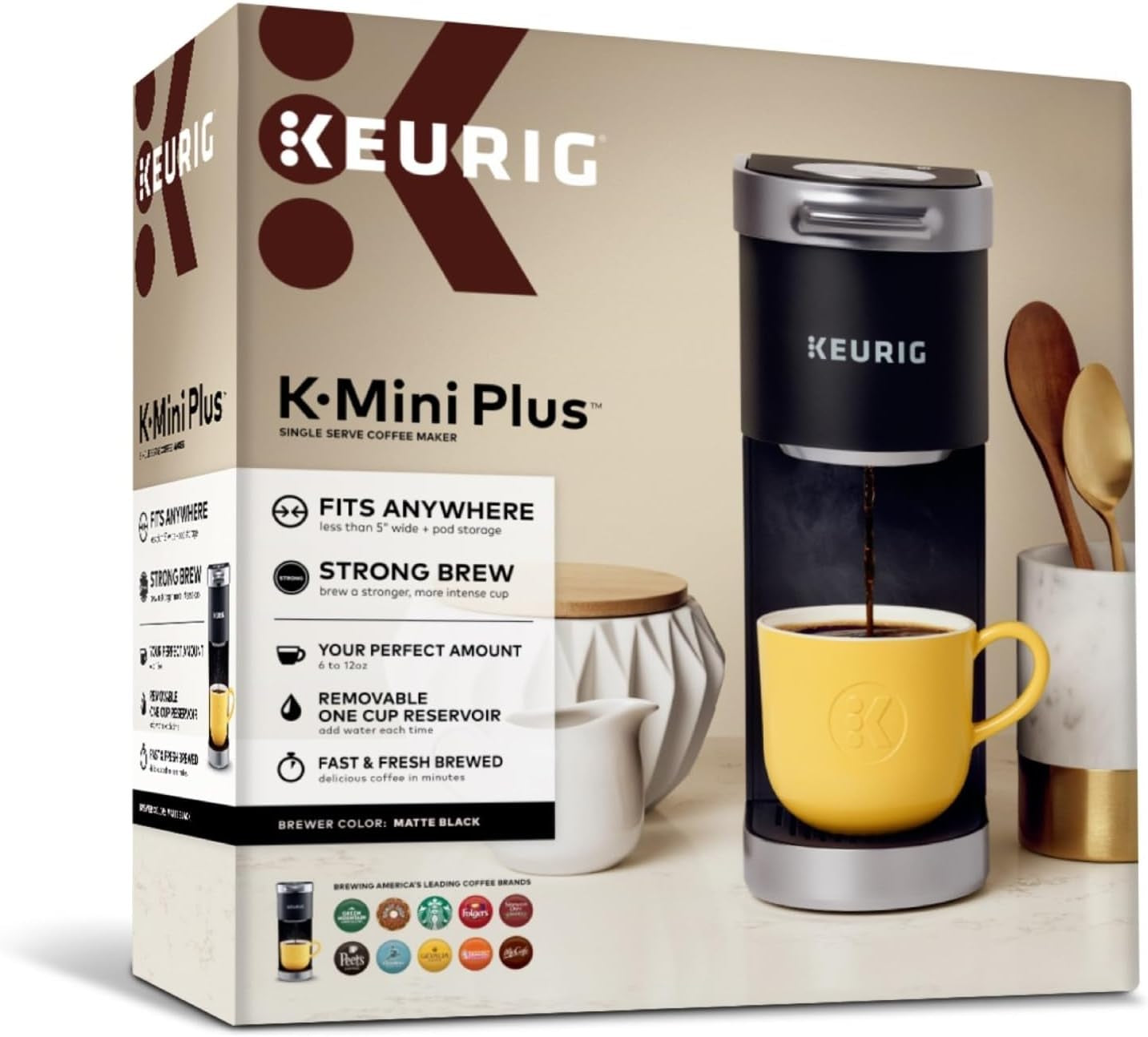 K-Mini plus Single Serve K-Cup Pod Coffee Maker, with 6 to 12Oz Brew Size, Stores up to 9 K-Cup Pods, Travel Mug Friendly, Matte Black