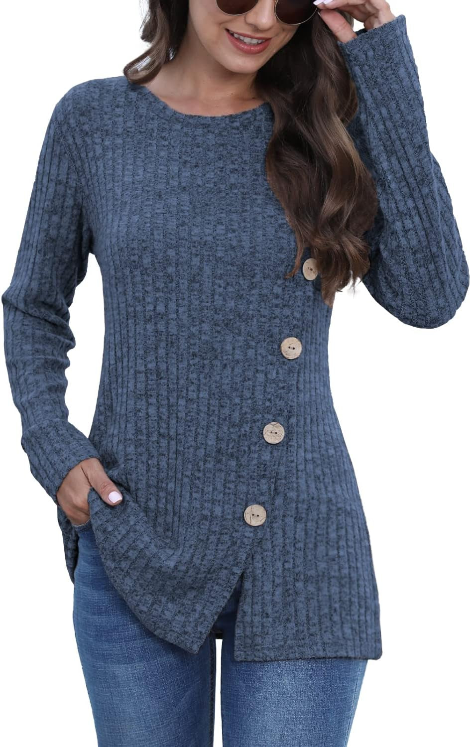 Long Sleeve Shirts for Women Crew Neck Lightweight Sweater Loose Casual Tunic Tops