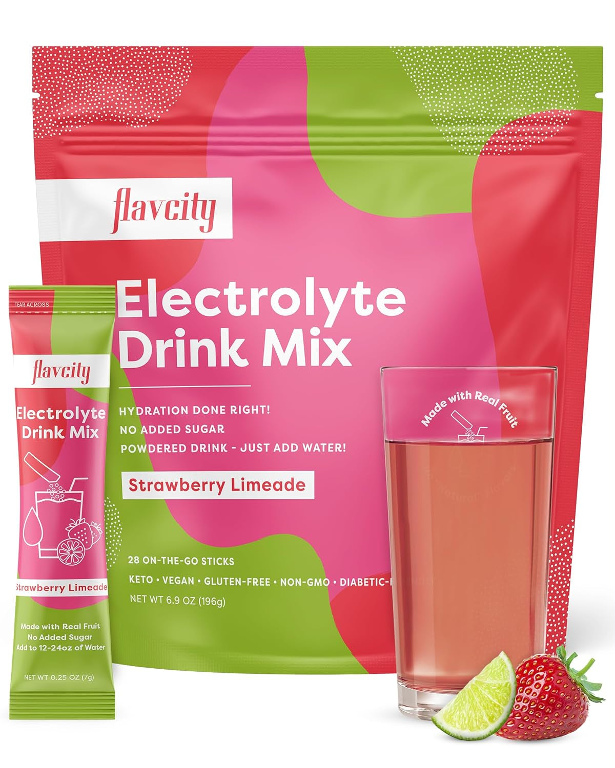 Strawberry Limeade Electrolytes Drink Mix, 28 On-The-Go Stick Packs - Healthy Electrolytes Powder Packets Made with Real Fruit - Keto Powdered Drink with No Added Sugar, Gluten-Free