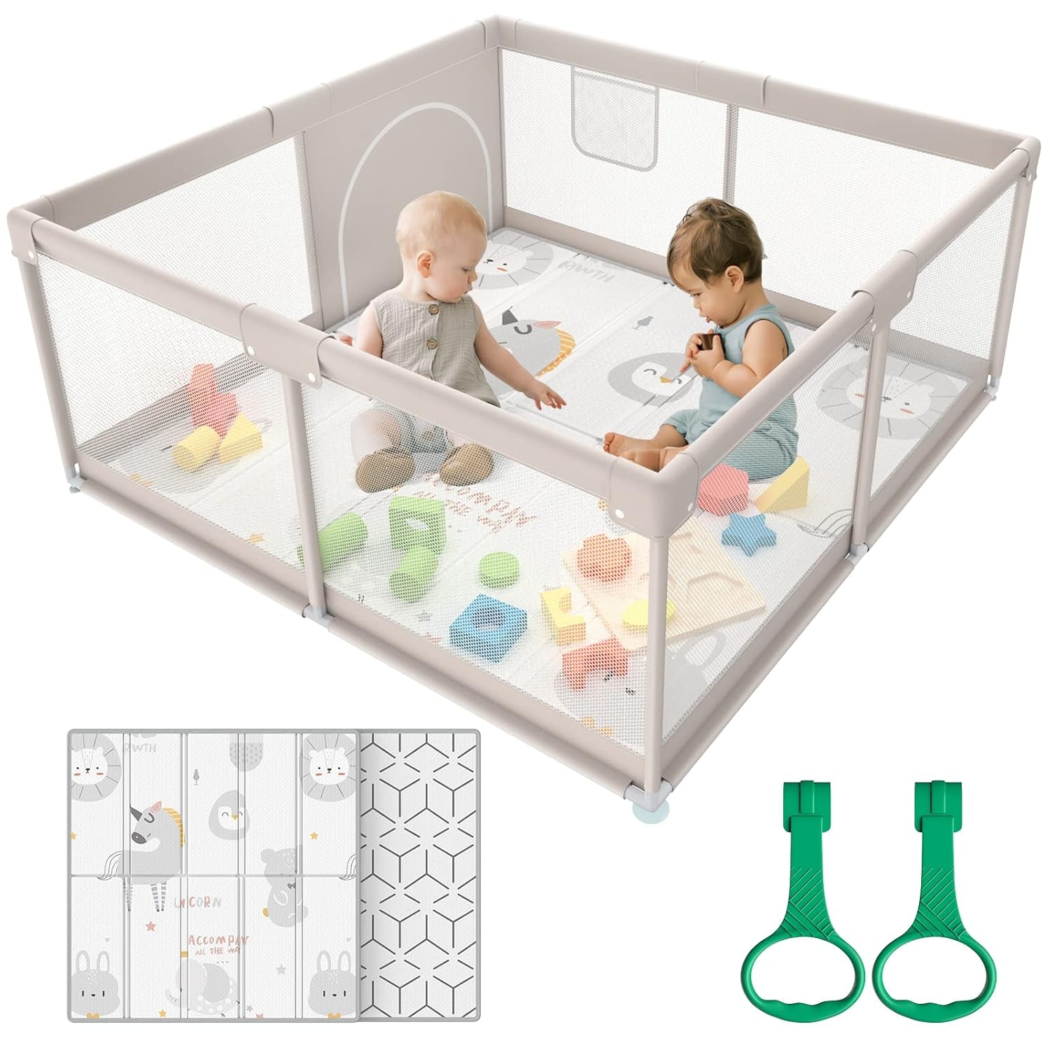 Baby Playpen for Babies and Toddlers | 47" x 47" Grey Play Pen with Mat