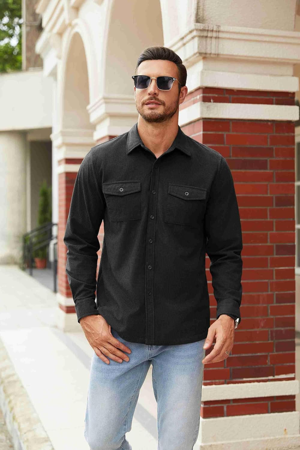 Men'S Button down Waffle Shirt Jacket Casual Long Sleeve Shacket Lightweight Overshirts with Flap Pockets