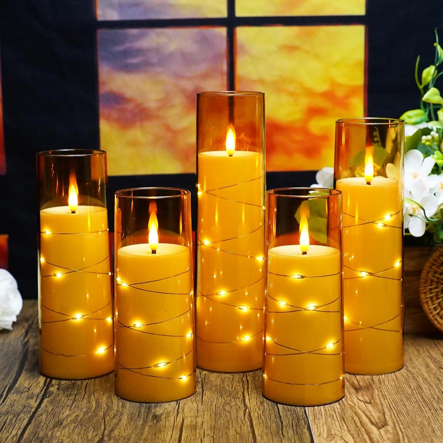 Flameless LED Candles with Timer 5 Pc Flickering Flameless Candles for Romantic Ambiance and Home Decoration Stable Acrylic Shell,With Embedded Star String，Battery Operated Candles（Gold）