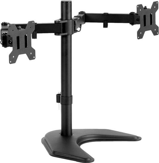 STAND-V002F Dual LED LCD Monitor Free-Standing Desk Stand for 2 Screens up to 27 Inch Heavy-Duty Fully Adjustable Arms with Max VESA 100X100Mm