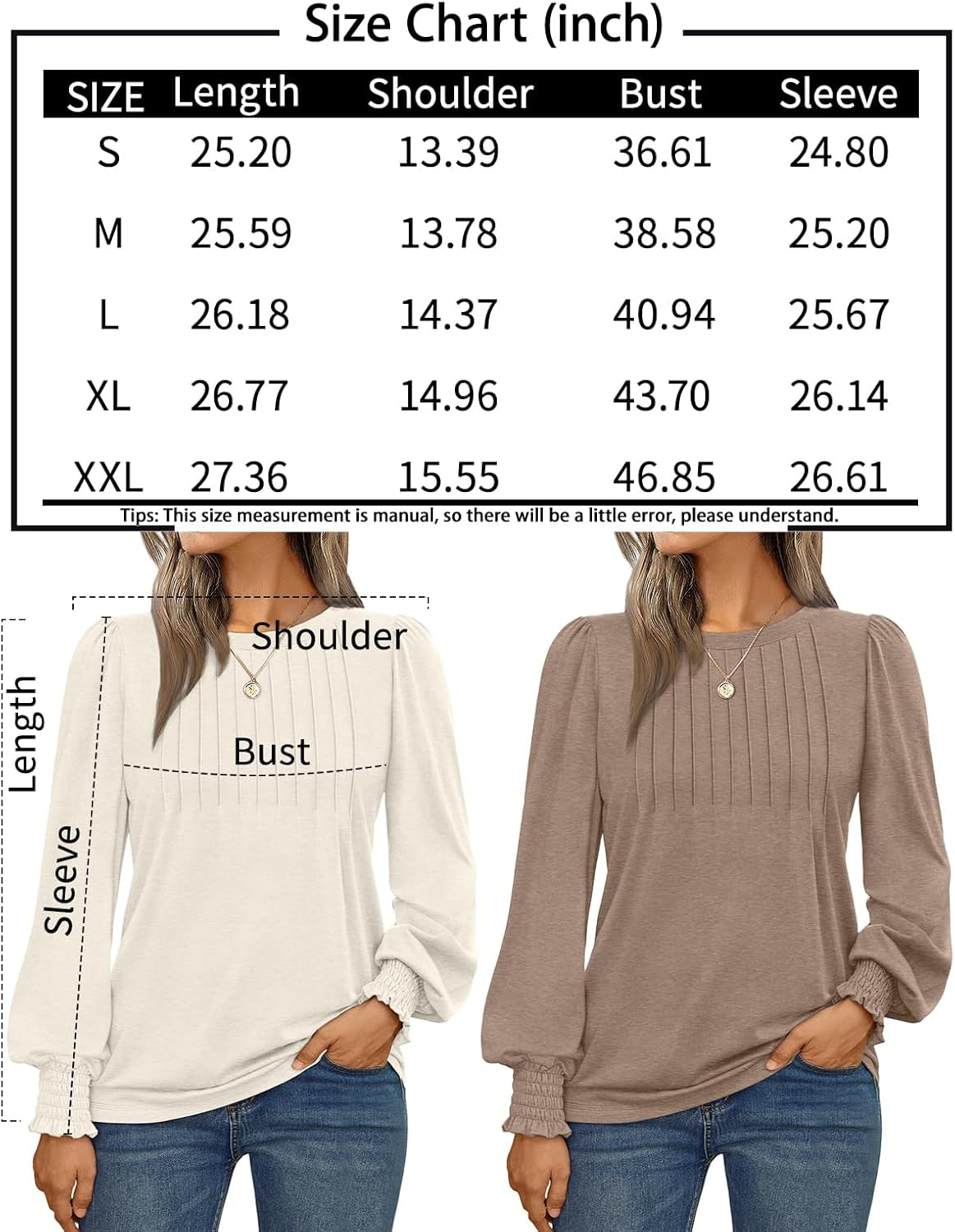 Long Sleeve Shirts Womens Pleated Business Casual Blouses with Smocked Cuffs