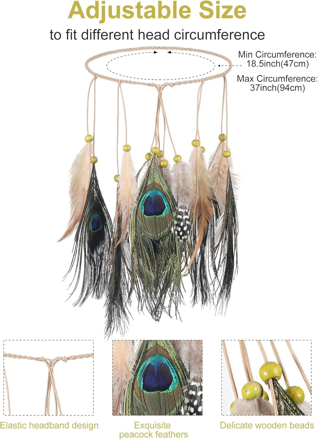 5 Pieces Indian Native American Jewelry Set Includes Feather Headdress Faux Peacock Feather Hair Band Boho Dream Catcher Dangle Earrings Choker Necklace Bracelet for Women Catcher Tassel