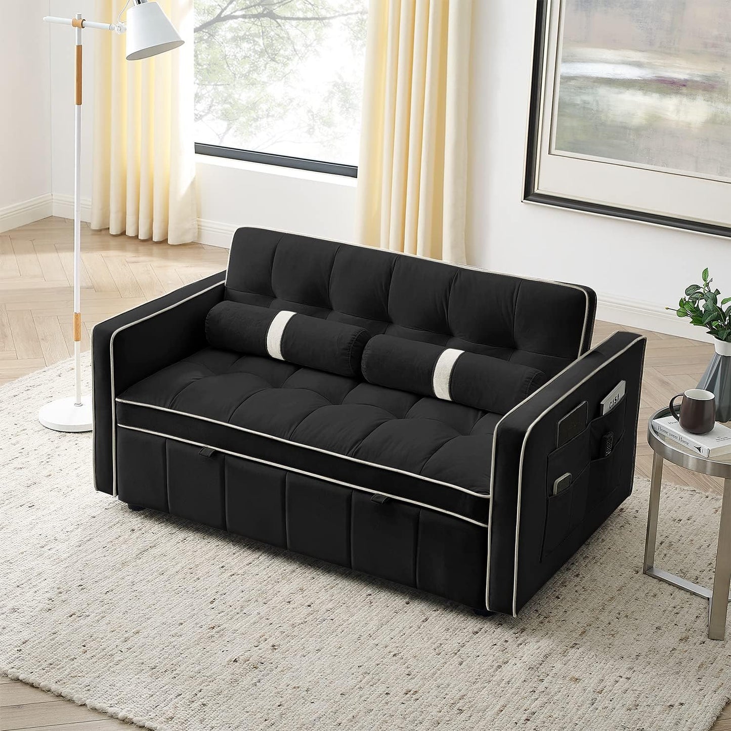 3 in 1 Sleeper Sofa Couch Bed, Small Tufted Velvet Convertible Loveseat Futon Sofa W/Pullout Bed, Adjustable Backrest, Cylinder Pillows for Living Room Apartment, Easy to Assemble, Black, 55.5"